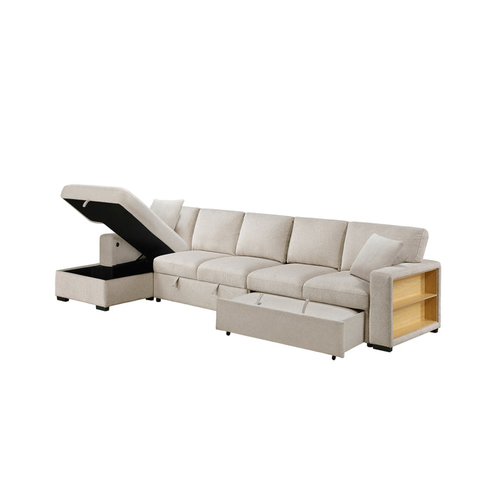 Pompano - (3)Sectional with Left Chaise, Pull-out Bed, Hidden Storages  and Shelves, Charging Ports