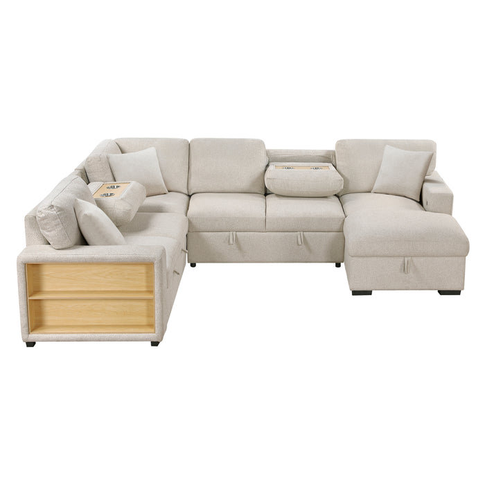 Pompano - (4)Sectional with Right Chaise, Pull-out Bed, Hidden Storages and Shelves, Charging Ports