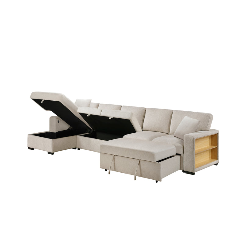 Pompano - (3)Sectional with Left Chaise, Pull-out Bed, Hidden Storages  and Shelves, Charging Ports