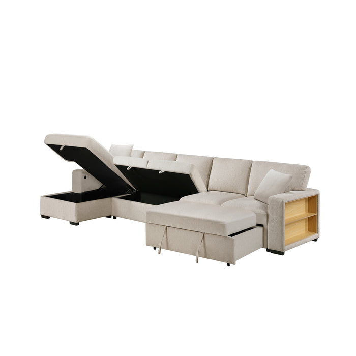 Pompano - (3)Sectional with Left Chaise, Pull-out Bed, Hidden Storages  and Shelves, Charging Ports