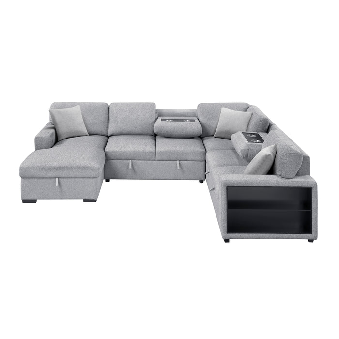 Pompano - (4)Sectional with Left Chaise, Pull-out Bed, Hidden Storages  and Shelves, Charging Ports