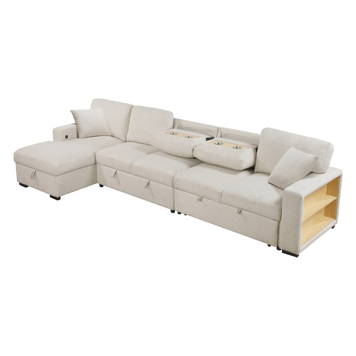 Pompano - (3)Sectional with Left Chaise, Pull-out Bed, Hidden Storages  and Shelves, Charging Ports