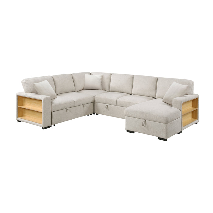 Pompano - (4)Sectional with Right Chaise, Pull-out Bed, Hidden Storages and Shelves, Charging Ports
