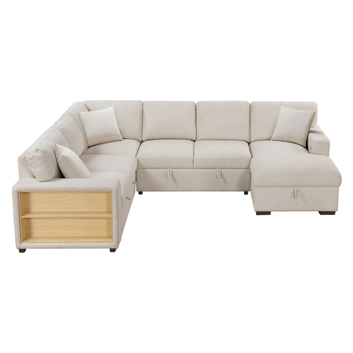 Pompano - (4)Sectional with Right Chaise, Pull-out Bed, Hidden Storages and Shelves, Charging Ports