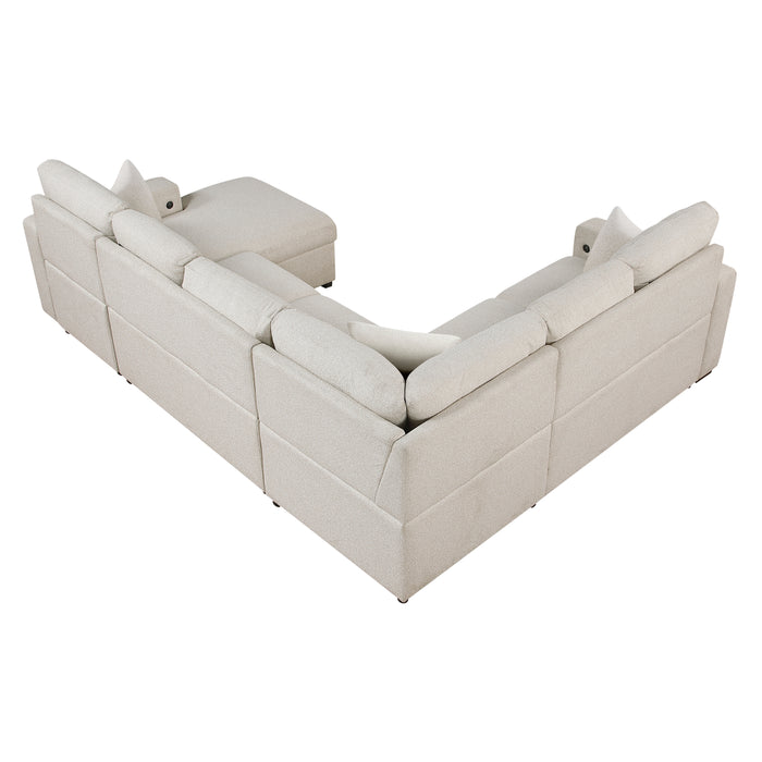 Pompano - (4)Sectional with Right Chaise, Pull-out Bed, Hidden Storages and Shelves, Charging Ports