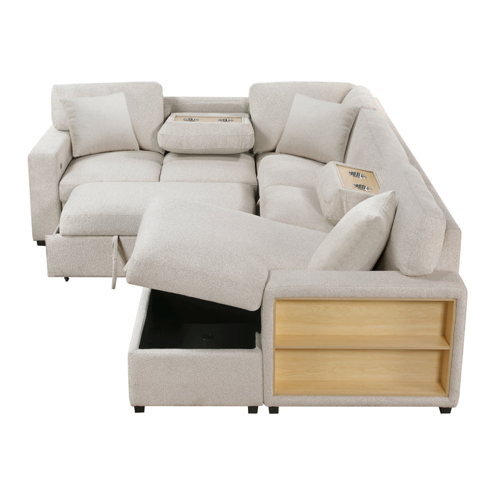 Pompano - (4)Sectional with Right Chaise, Pull-out Bed, Hidden Storages and Shelves, Charging Ports