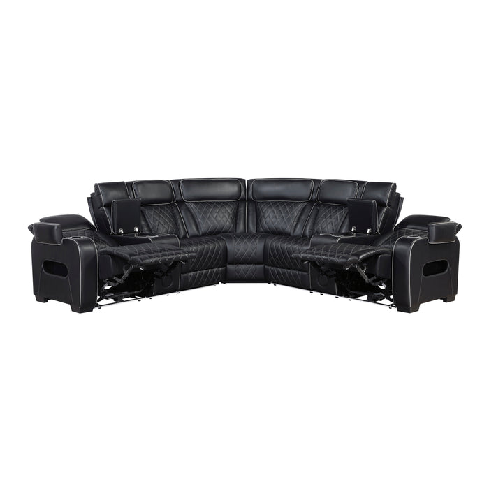 Fairway - (3)3-Piece Power Reclining Sectional with Consoles, Power Headrests, Storage Arms(Top and Side), Cup holders, Charging Ports, Wireless speakers and LED lighting