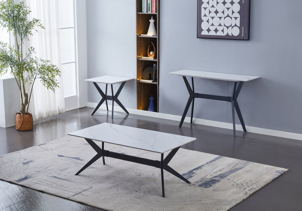 - (2) End Table, Sintered Stone Top, Black Metal Legs