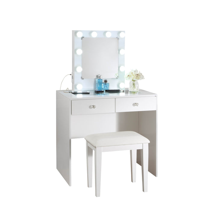 - Makeup Vanity with Lights, USB, Power Oulet, Stool, White