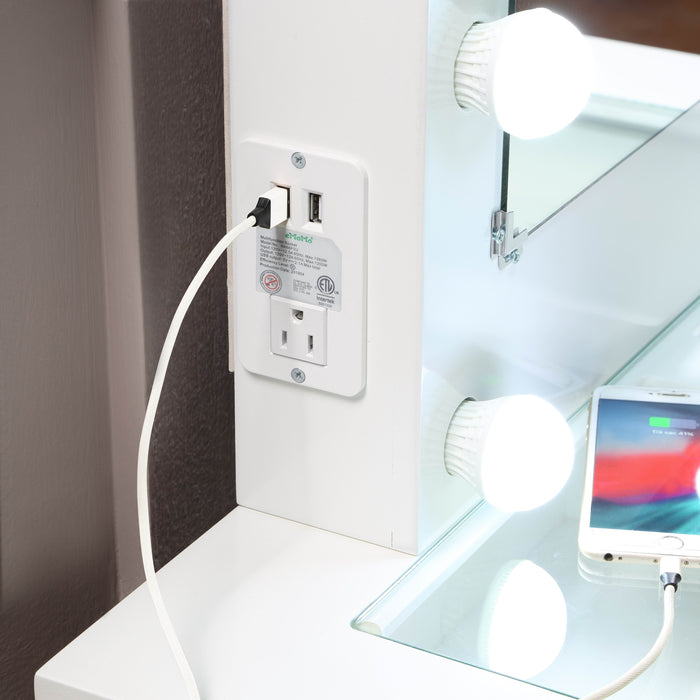 - Makeup Vanity with Lights, USB, Power Oulet, Stool, White