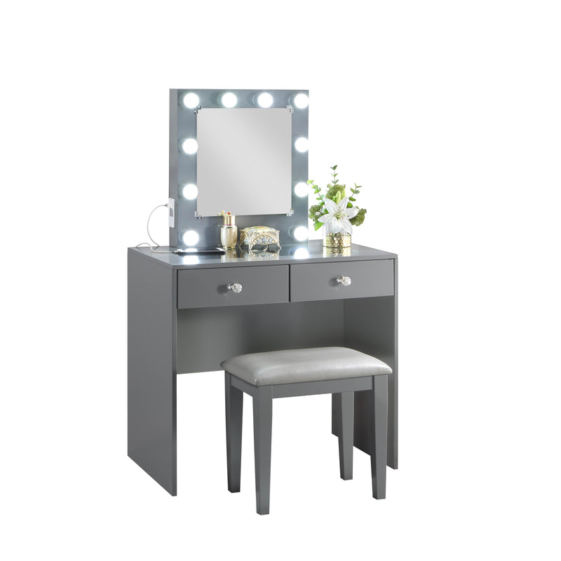 - Makeup Vanity with Lights, USB, Power Oulet, Stool, Gray