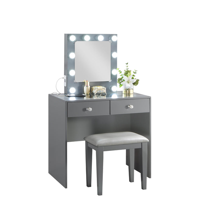 - Makeup Vanity with Lights, USB, Power Oulet, Stool, Gray