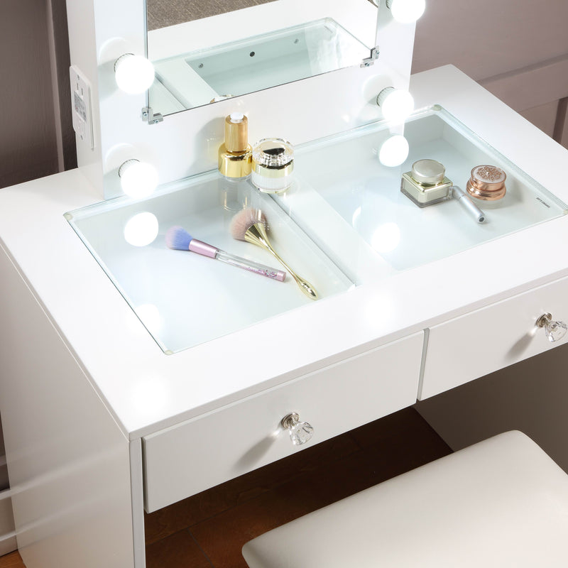 - Makeup Vanity with Lights, USB, Power Oulet, Stool, White