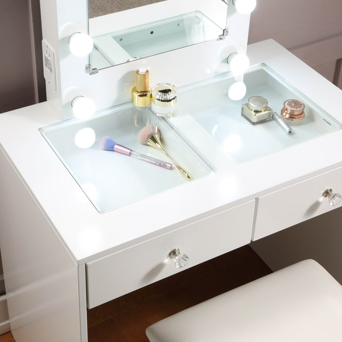 - Makeup Vanity with Lights, USB, Power Oulet, Stool, White
