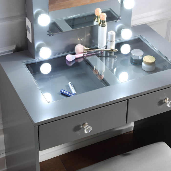 - Makeup Vanity with Lights, USB, Power Oulet, Stool, Gray