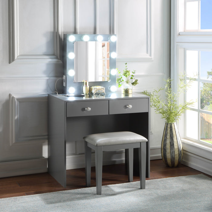 - Makeup Vanity with Lights, USB, Power Oulet, Stool, Gray