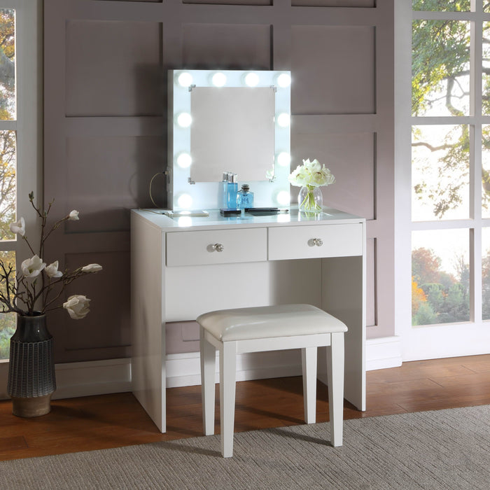 - Makeup Vanity with Lights, USB, Power Oulet, Stool, White