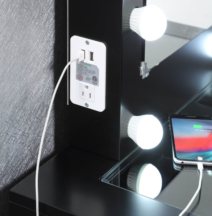- Makeup Vanity with Lights, USB, Power Oulet, Stool, Black
