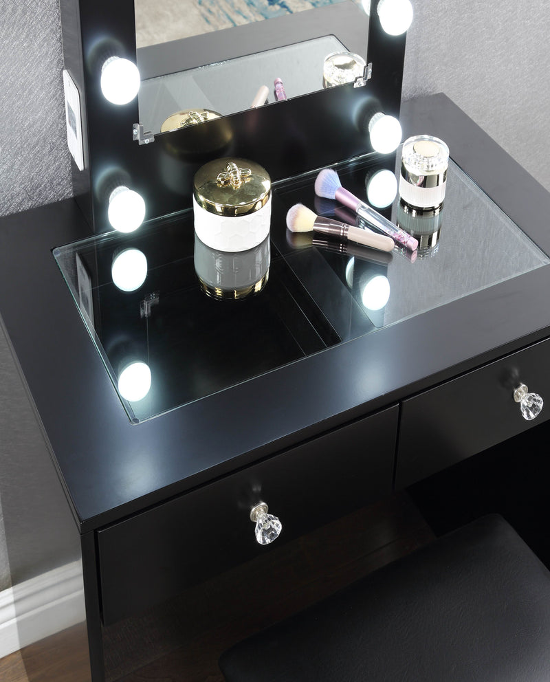 - Makeup Vanity with Lights, USB, Power Oulet, Stool, Black