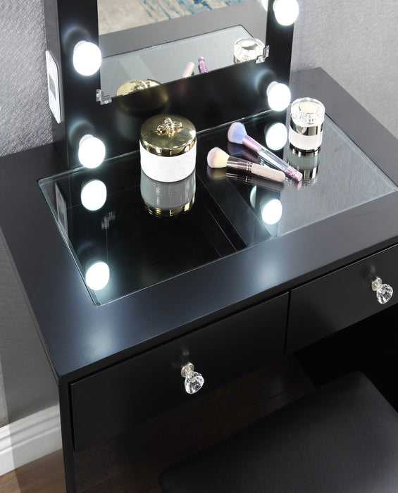 - Makeup Vanity with Lights, USB, Power Oulet, Stool, Black