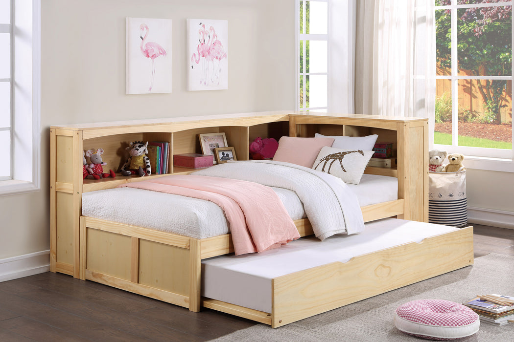 Bartly - (4) Twin Bookcase Corner Platform Bed with Twin Trundle