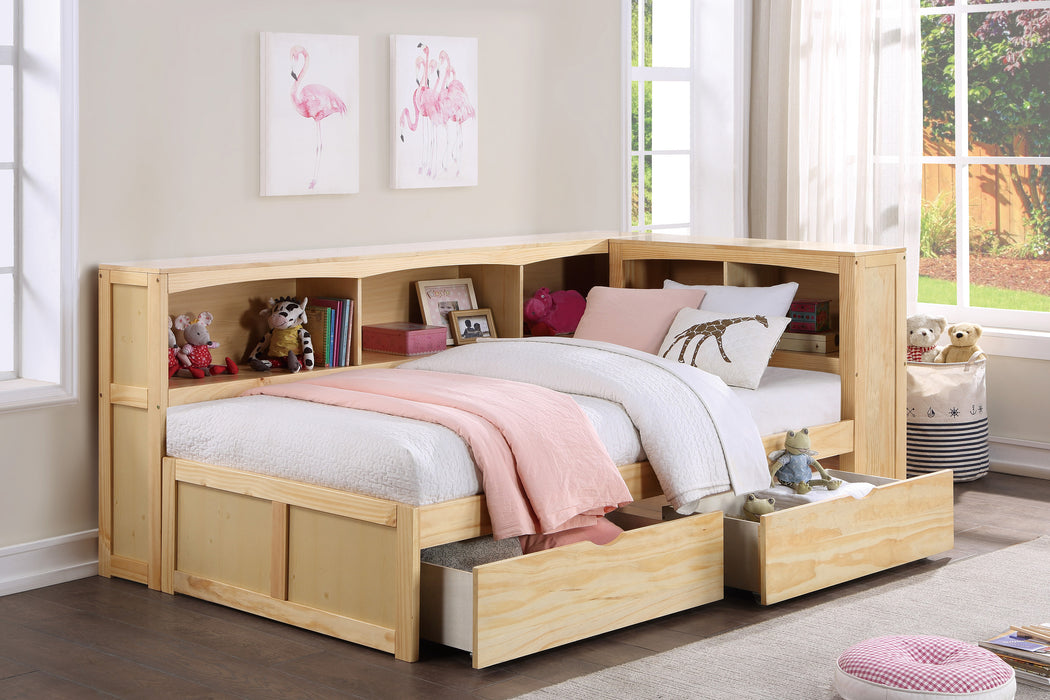 Bartly - (4) Twin Bookcase Corner Platform Bed with Storage Boxes