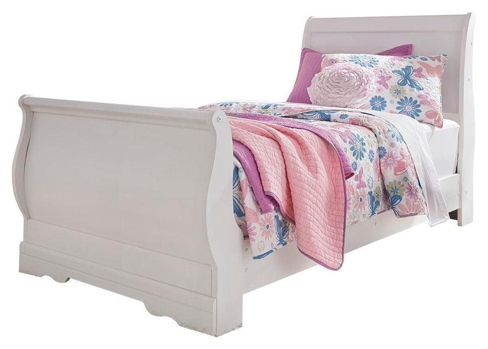 Cama doble tipo trineo Anarasia con tocador con espejo, arcón y mesita de noche
