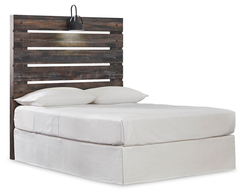 Cabecero de cama Drystan con paneles completos, tocador con espejo, cómoda y mesita de noche