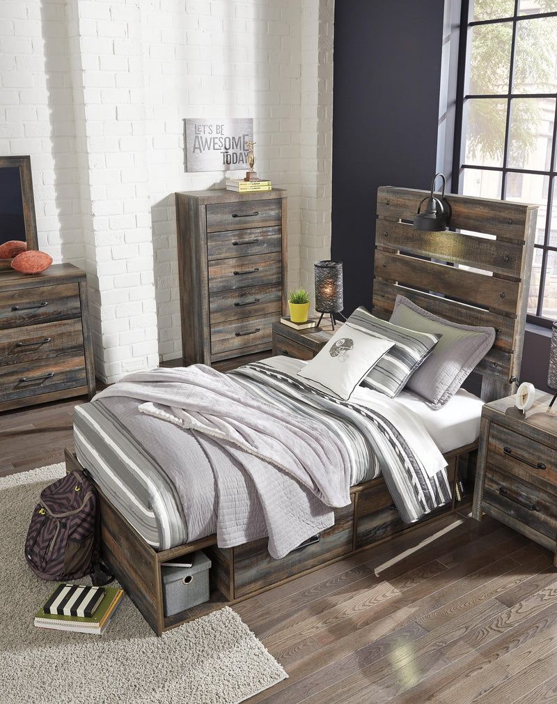 Cama de dos plazas Drystan con 4 cajones de almacenamiento, tocador con espejo, cómoda y mesita de noche