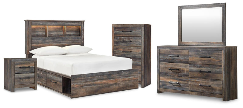 Cama con estantería completa Drystan con 2 cajones de almacenamiento, tocador con espejo, cómoda y mesita de noche