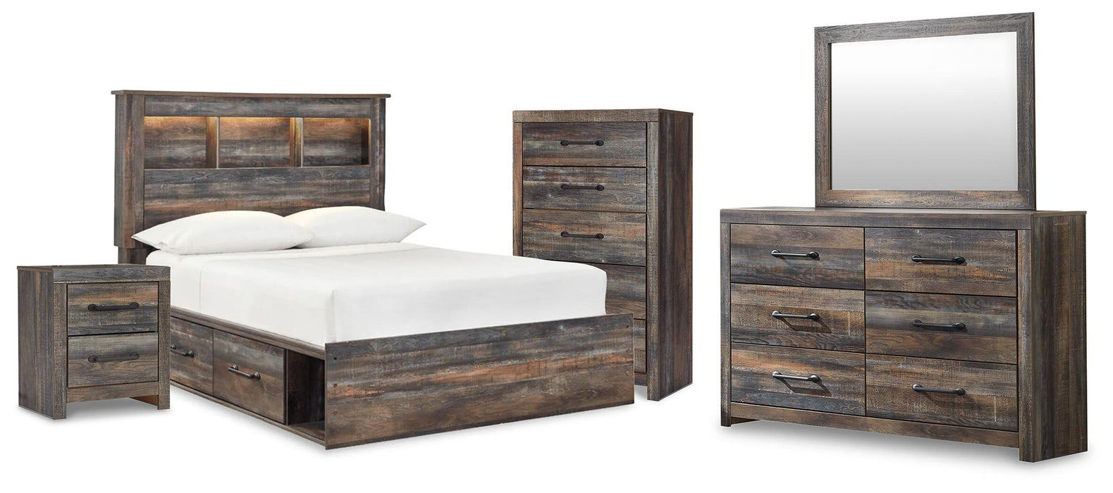Cama con estantería completa Drystan con 2 cajones de almacenamiento, tocador con espejo, cómoda y mesita de noche