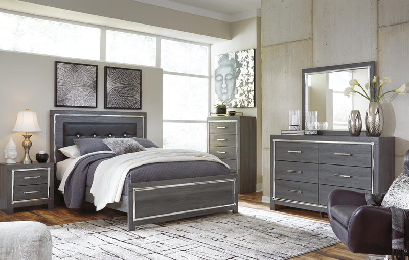 Cama Queen Lodanna con tocador con espejo, cómoda y mesita de noche