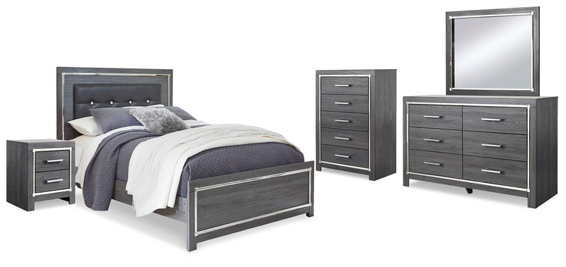 Cama Queen Lodanna con tocador con espejo, cómoda y mesita de noche