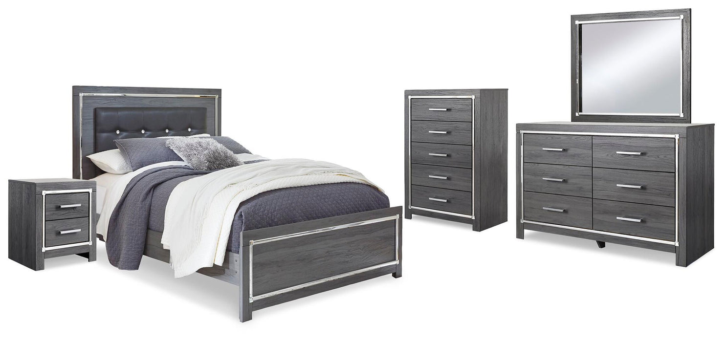 Cama Queen Lodanna con tocador con espejo, cómoda y mesita de noche