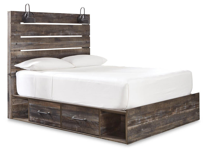 Cama Queen Drystan con 2 cajones de almacenamiento, tocador con espejo, cómoda y mesita de noche