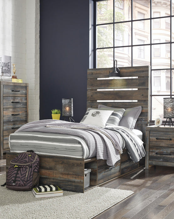 Cama doble con paneles Drystan con 4 cajones de almacenamiento, tocador con espejo, cómoda y mesita de noche