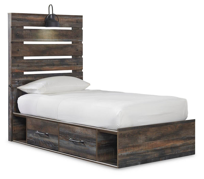 Cama doble con paneles Drystan con 4 cajones de almacenamiento, tocador con espejo, cómoda y mesita de noche