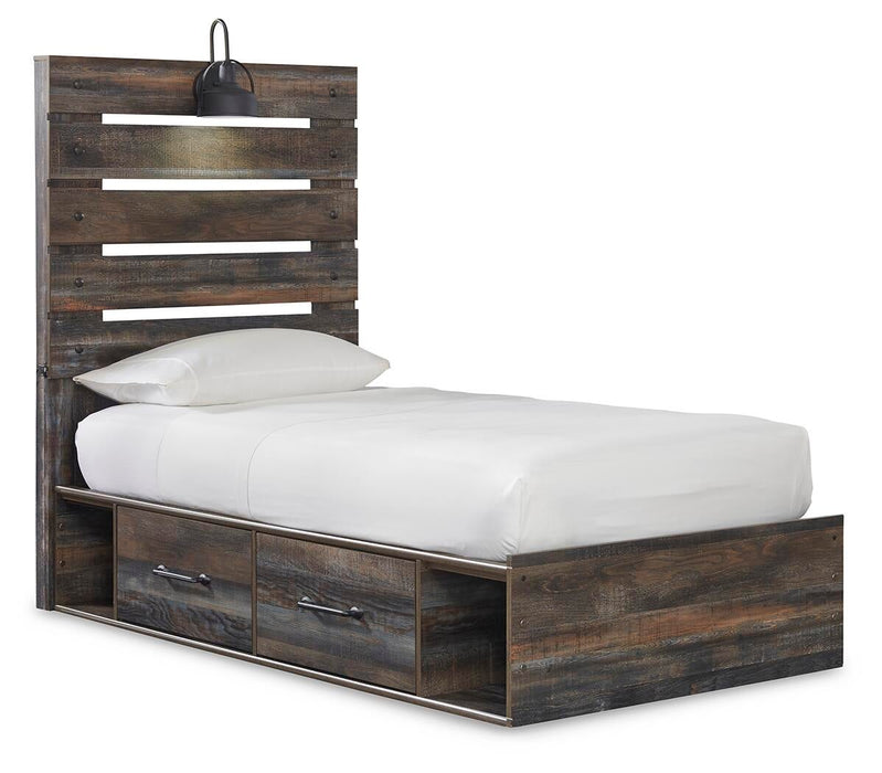 Cama doble con paneles Drystan con 4 cajones de almacenamiento, tocador con espejo, cómoda y mesita de noche