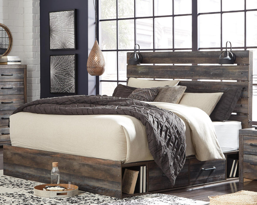 Cama King con dos cajones de almacenamiento, tocador con espejo, cómoda y mesita de noche Drystan