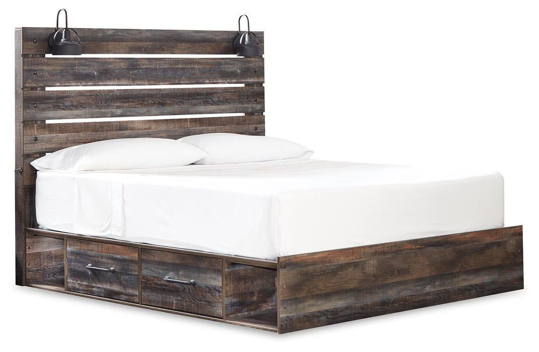 Cama King con dos cajones de almacenamiento, tocador con espejo, cómoda y mesita de noche Drystan