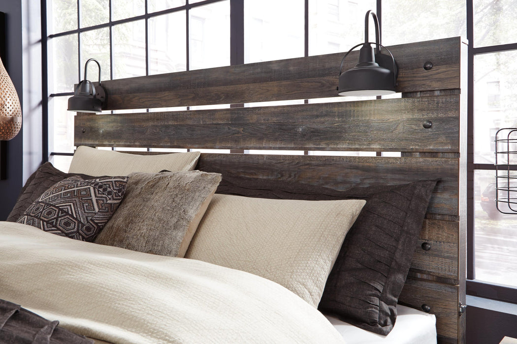 Cama King con dos cajones de almacenamiento, tocador con espejo, cómoda y mesita de noche Drystan