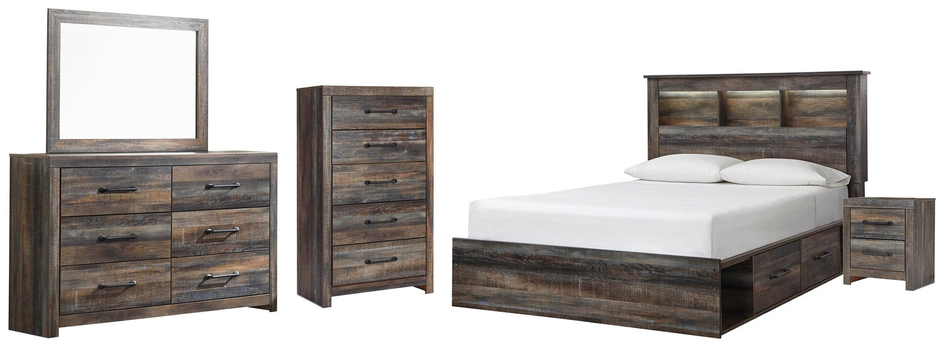 Cama Queen con estantería y 2 cajones de almacenamiento, tocador con espejo, cómoda y mesita de noche de Drystan