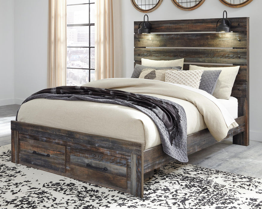 Drystan Queen Panel Bed with 2 Storage Drawers with Mirrored Dresser