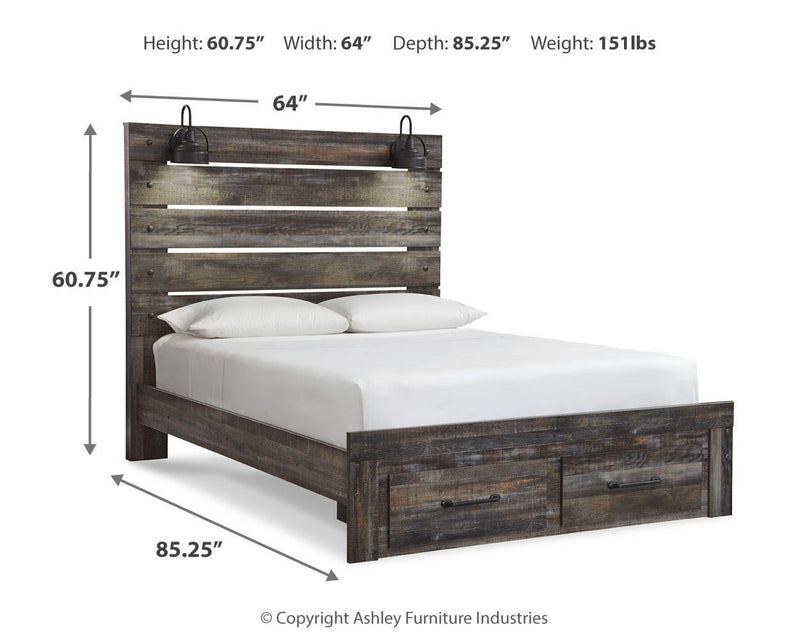 Cama Queen Drystan con dos cajones de almacenamiento y tocador con espejo