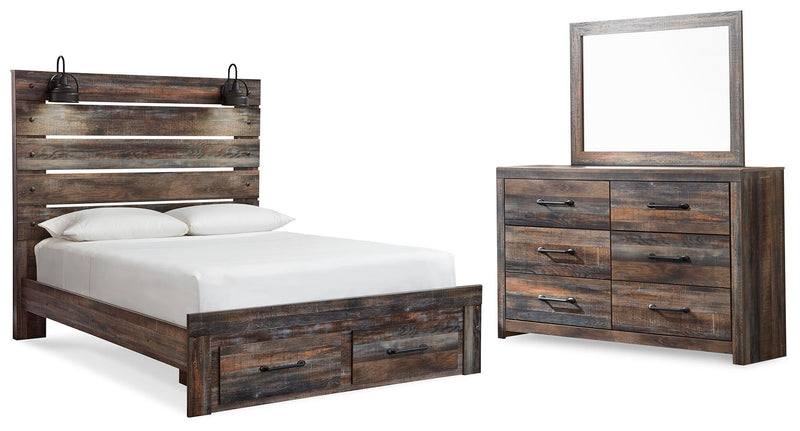 Cama Queen Drystan con dos cajones de almacenamiento y tocador con espejo
