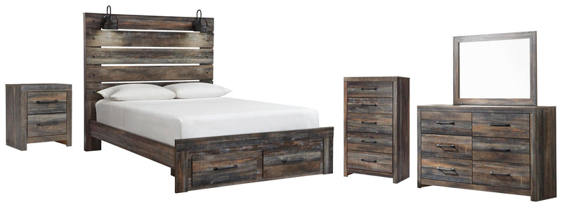 Cama Queen Drystan con 2 cajones de almacenamiento, tocador con espejo, cómoda y mesita de noche