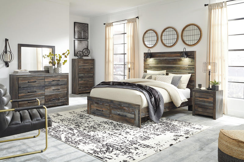 Cama Queen Drystan con 2 cajones de almacenamiento, tocador con espejo, cómoda y mesita de noche
