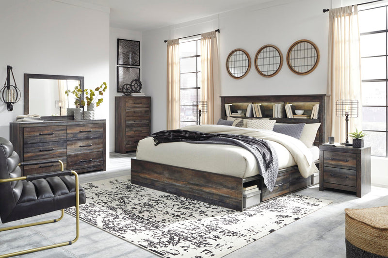Cama con estantería Drystan King con 2 cajones de almacenamiento, tocador con espejo, cómoda y mesita de noche