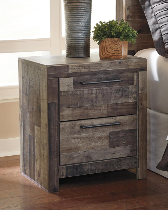 Derekson Queen Panel Bed with 2 Storage Drawers with Mirrored Dresser, Chest and Nightstand