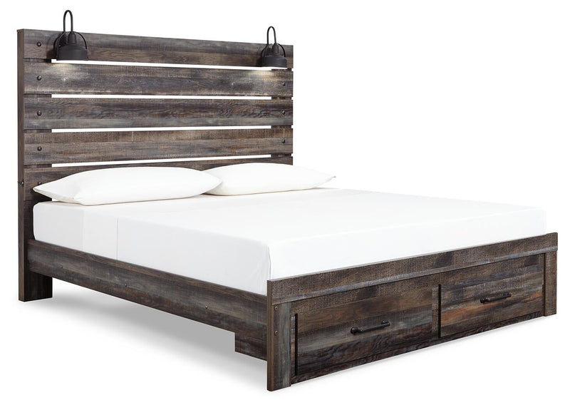 Cama King con paneles Drystan con espacio de almacenaje, tocador con espejo, arcón y mesita de noche
